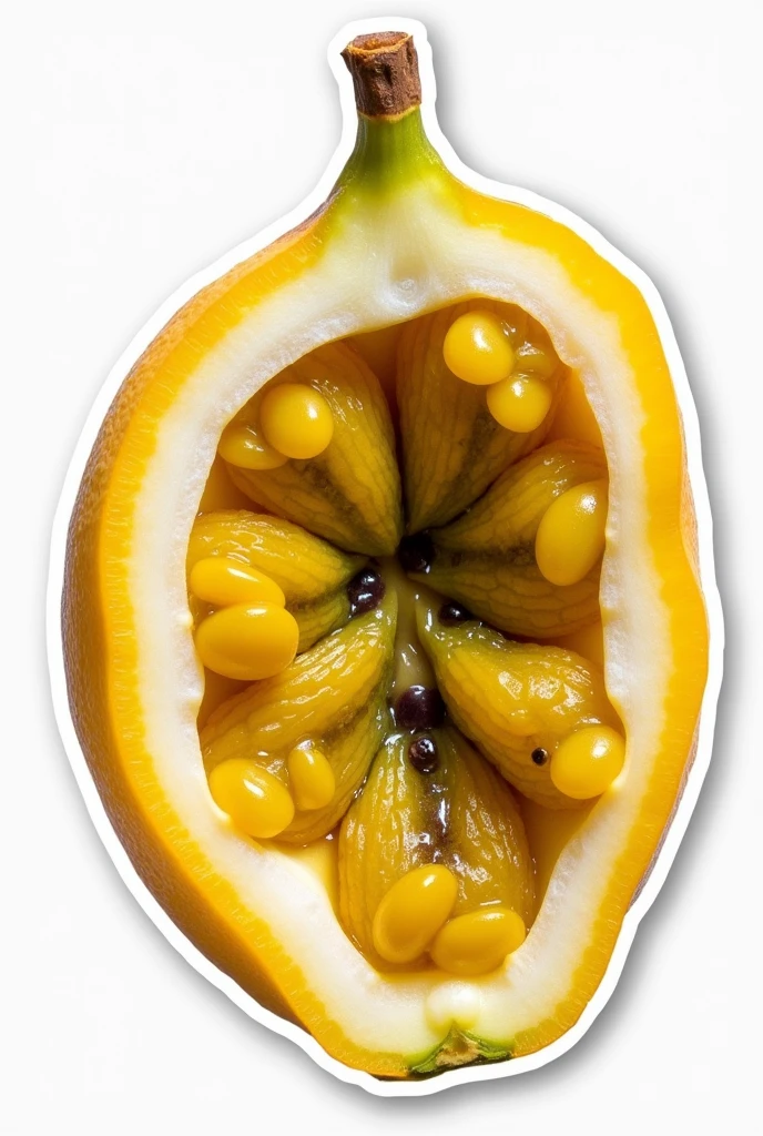 Sticker sheet with yellow passion fruit opened with seeds in a more realistic photo