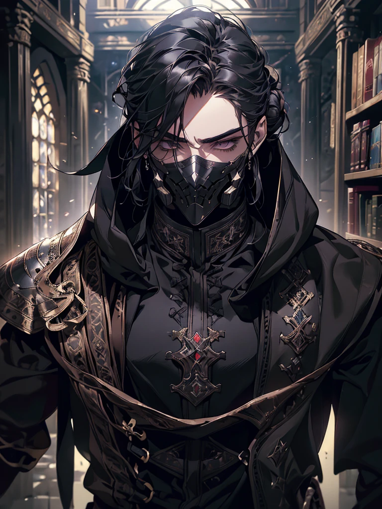 (masterpiece, high quality, cinematic lighting, backlighting, sharp colors)
Tall muscular young man, black hair tied in a bun, dark eyes, compact muscles. Face hidden by a full iron mask, expressionless. Wears medieval robe, leather shirt and pants, armor plates on vital areas. Dark crime scene background, shadowy atmosphere.