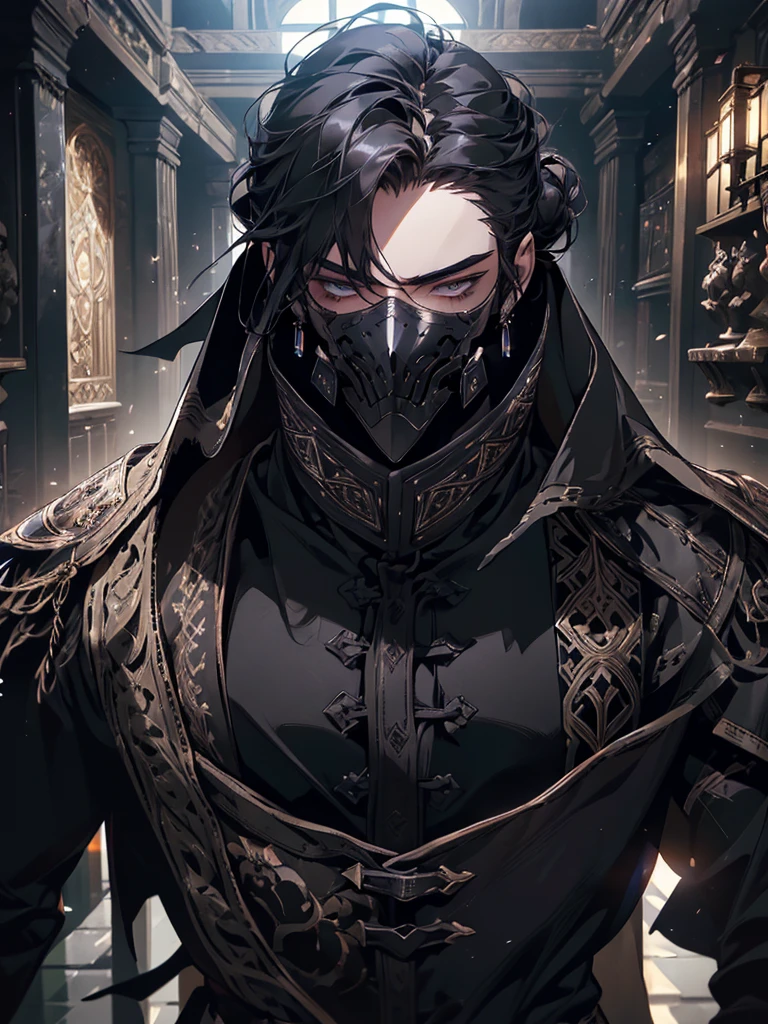 (masterpiece, high quality, cinematic lighting, backlighting, sharp colors)
Tall muscular young man, black hair tied in a bun, dark eyes, compact muscles. Face hidden by a full iron mask, expressionless. Wears medieval robe, leather shirt and pants, armor plates on vital areas. Dark crime scene background, shadowy atmosphere.