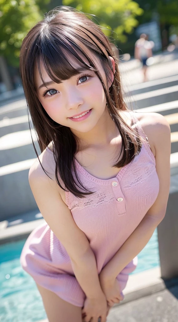(8k、Raw photography、Top image quality、hight resolution:1.1)、(A hyper-realistic:1.4)、(realisitic、Photorealsitic:1.3)、Soft light、girl with、short-hair、japanes、20yr old、Lifelike face、Realistic body、real looking skin、、absurderes、masterpiece、(cute little:1.8)、Cuties、solo、(long:1.2)、Detailed black eyes、Innocent eyes、cheek、(Tank tops:1.2)、cinematric light、film grains、Hands on hips、((hugetits:1.1))、Pink lips、a closeup、Look Viewer、The upper part of the body、 Open lips、Upper teeth、(Smiling eyes:0.6)、((Grinning:1.2))、depth of fields、blurry backround、eyes focus、bokeh dof、summer、shinjuku、the met、pool、105mm lens、Colossal tits、F / 1.4、Professional Lighting、young、portlate、photon maping、Radio City、physically-based renderingt