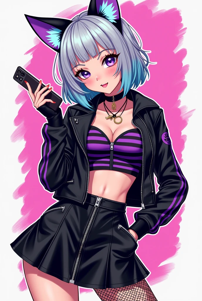 (Black and purple horizontal striped zip-up top:1.3.(Punk style illustration print):1.5)BREAK.(Black leather flared mini skirt in black and white block check pattern:1.3).(Neon colored cat ears bed phone:1.3,[Cat paw print pattern:1.3]).Separate breasts, mega breasts, cleavage, curvy thighs, cameltoe, arms up, brick guy,(Silver gray and light blue medium bob, sharp bangs),((Insanely detailed)). ((Ultra high quality)). ((Masterpiece)). ((Unity 8k wallpaper)). ((Ultra detailed)). ((Super fine illustration)).