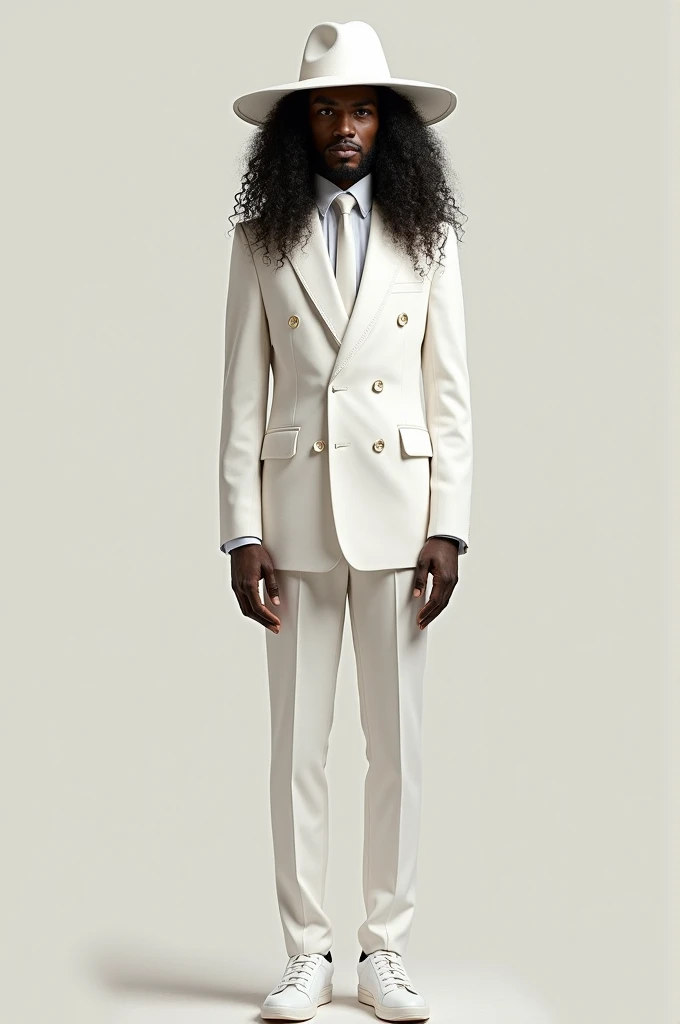 
creates an image of a black man with long, curly hair wearing an all-white suit with a white hat 


