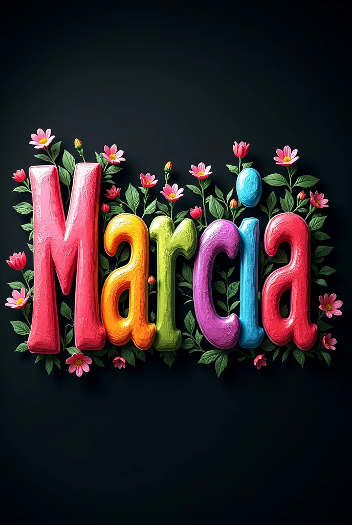 Marcia colorful 3d fonts with flowers and black background