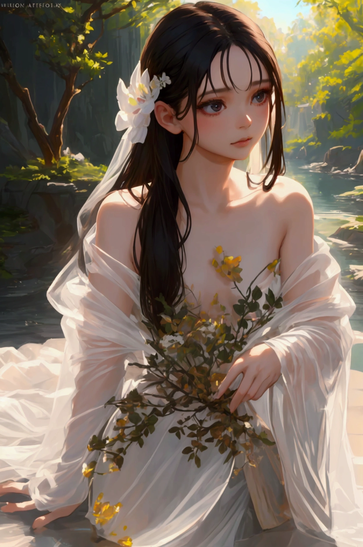 beautiful young woman, small bust, flawless skin, long hair, delicate facial features, serene expression, natural lighting, photorealistic, cinematic composition, vibrant colors, warm tones, highly detailed, 8k, intricate details, masterpiece, art by artgerm and greg rutkowski