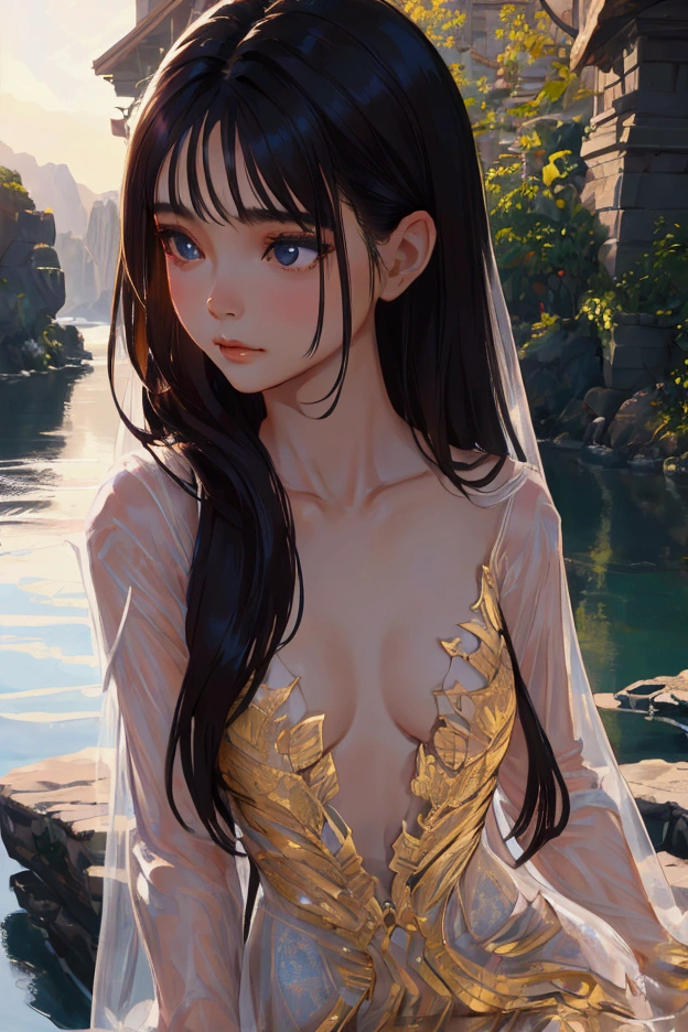 beautiful young woman, small bust, flawless skin, long hair, delicate facial features, serene expression, natural lighting, photorealistic, cinematic composition, vibrant colors, warm tones, highly detailed, 8k, intricate details, masterpiece, art by artgerm and greg rutkowski