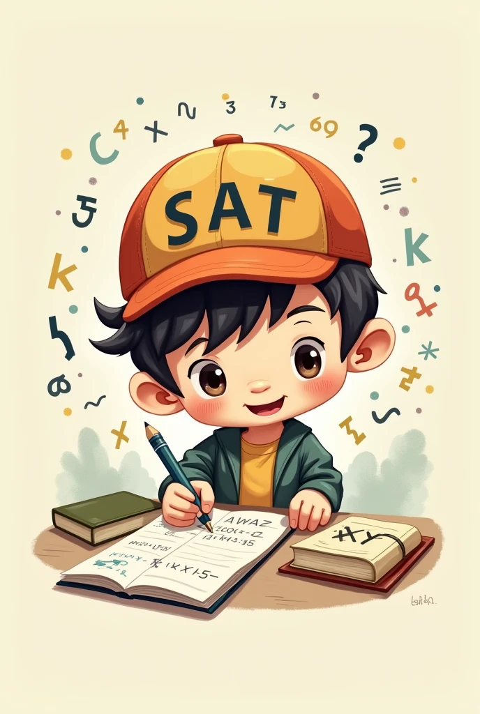 Create a little character who has a cap that says SAT on top and is doing math. 