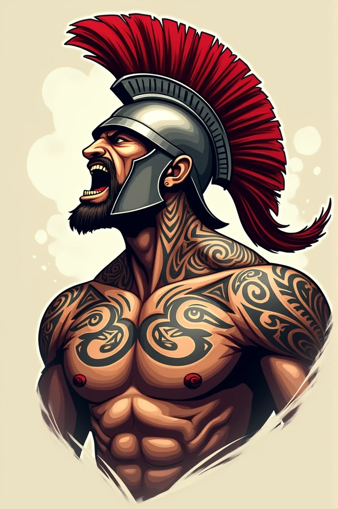 An animated logo of a Spartan with tattoos on his neck and chest and who is shouting waa and who is not wearing a helmet