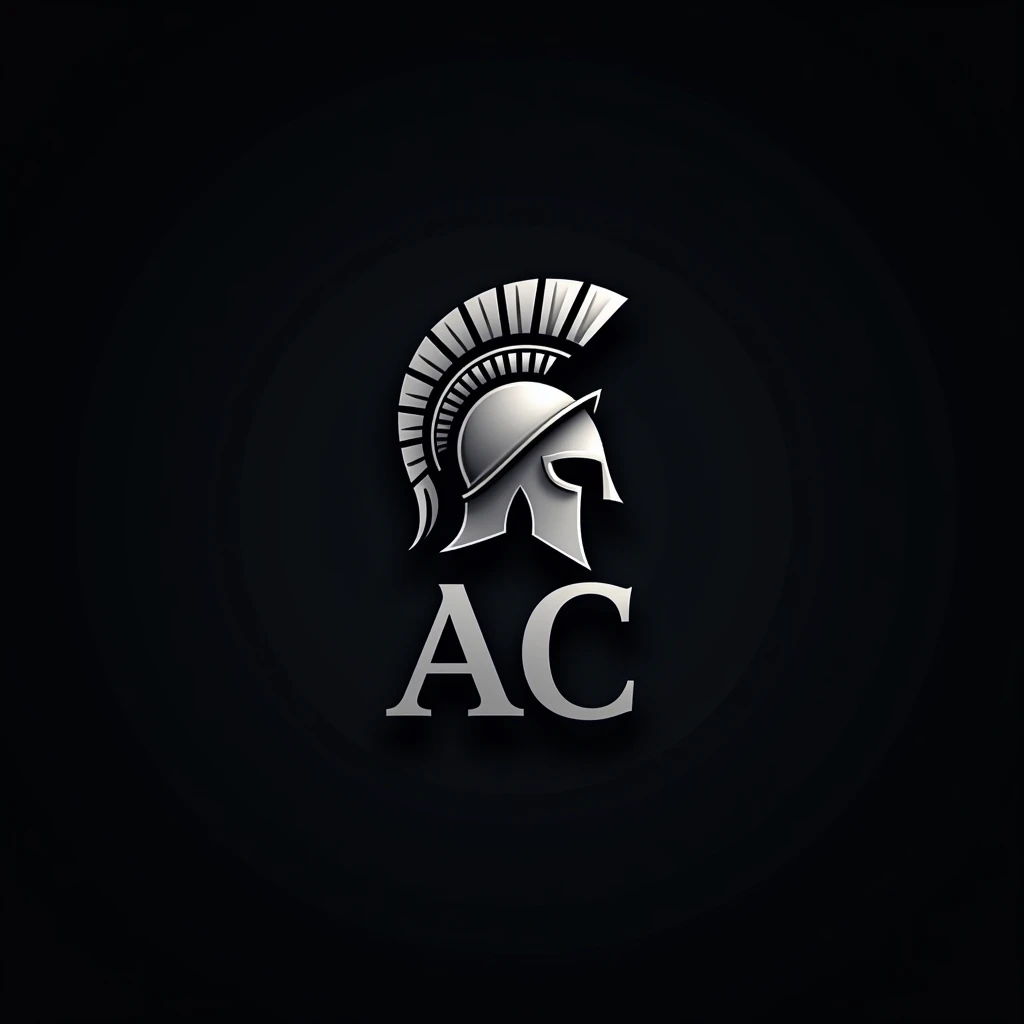 Business Logo with Letters "AC" next to a Spartan helmet with a dark background