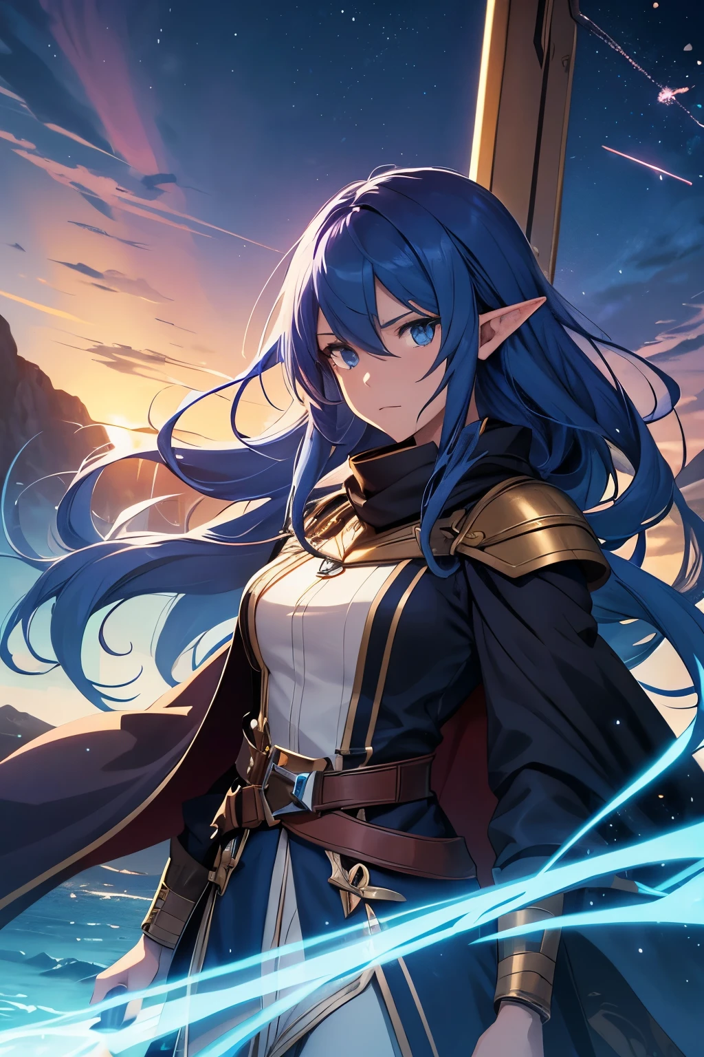 "Create an anime-style illustration of Lucia Starfinder, a half-elf navigator with long, midnight blue hair and a gaze set on distant horizons. She's plotting a course on a nautical map, compass and sextant at hand. The background is the deck of a ship, ready to sail at her command, with the vast sea stretching out beyond. Her confident, adventurous spirit shines through, a beacon for those who follow the stars. The setting is a medieval fantasy settings. It is set in a fantasy roleplaying world."