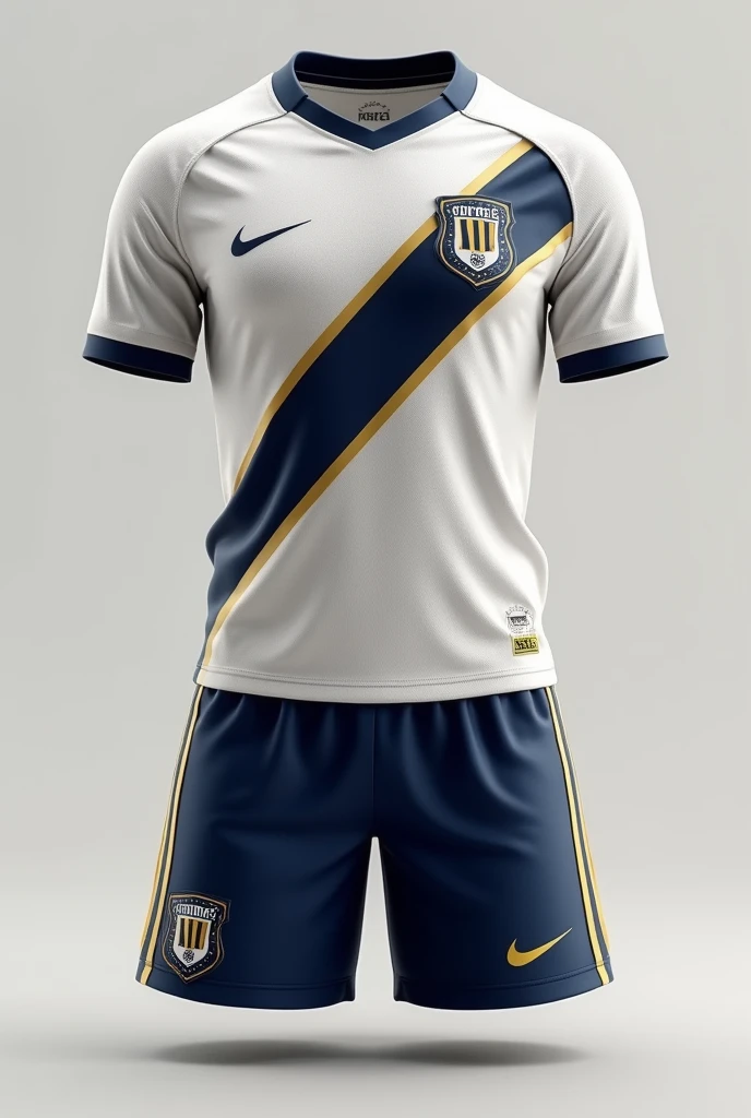 Make a beautiful soccer uniform, marvelous. The shorts are in navy blue and the t-shirt is in white with details in gold and navy blue. Create another model, mais bonito 