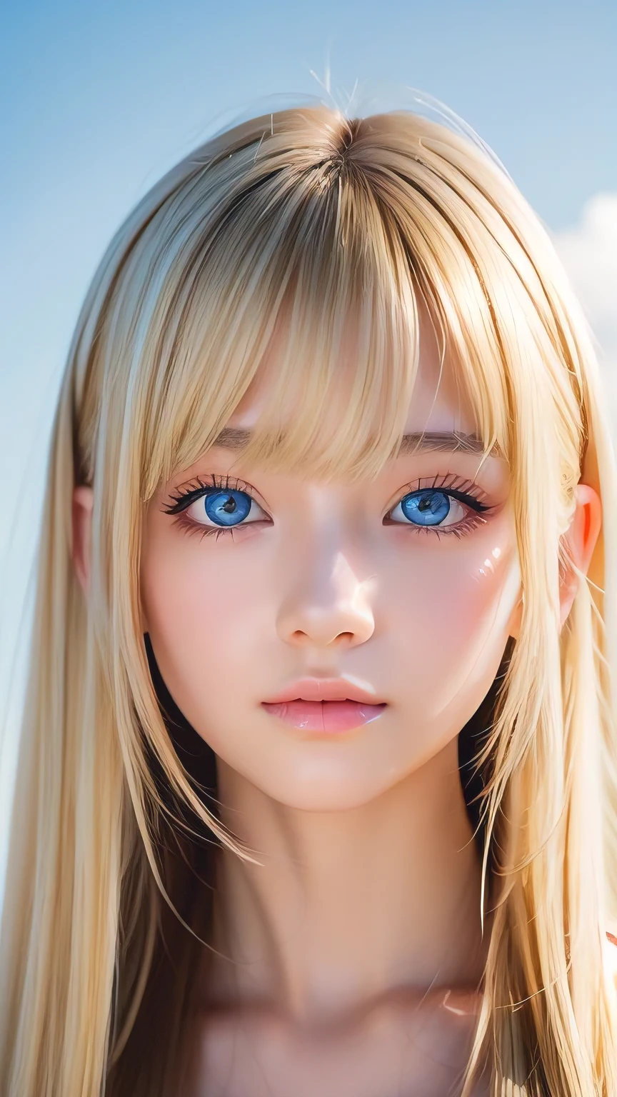 Crystal clear and shiny skin、15 year old cute beautiful face、Very large, beautiful, bright, pale sky blue eyes、Very big eyes、Super long straight hair that shines in the light、Long, silky bangs that cover her cute eyes、Hair that hides sexy features、too long bangs、Sexy and cute young beauty、Super long natural young blonde hair with sparkling highlights、Blonde hair above the eyes、片Blonde hair above the eyes、Blonde hair between the eyes、Cheek gloss highlighter
