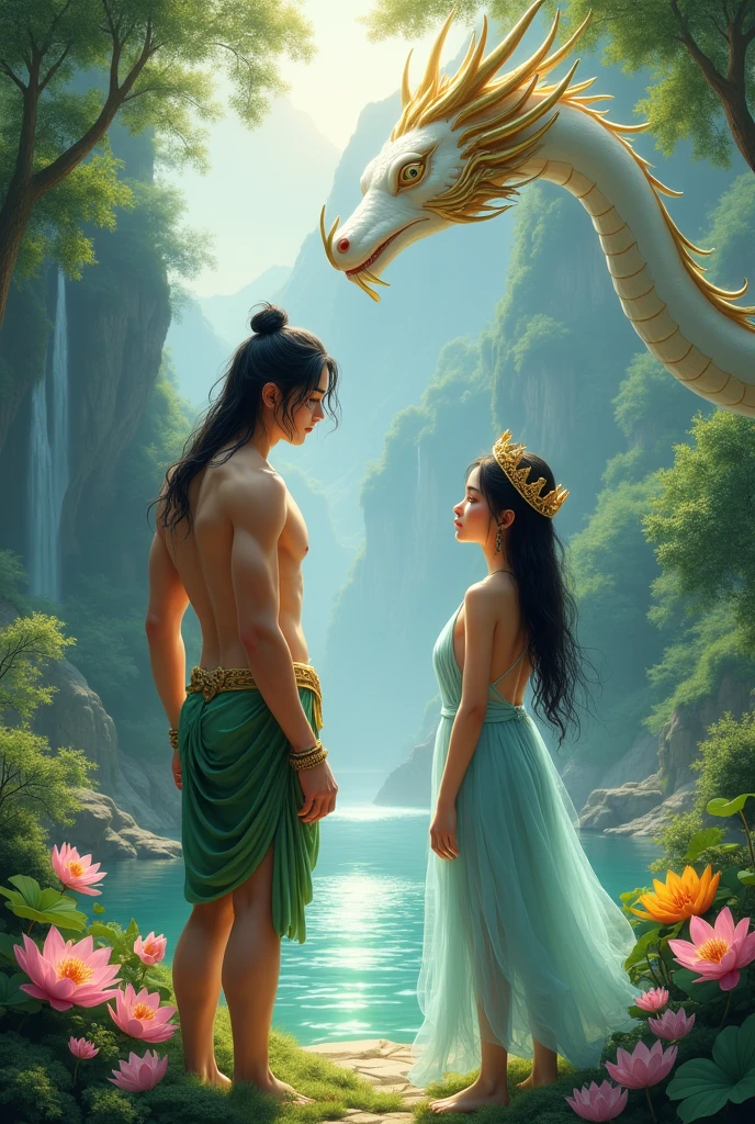 full lenght hiper Full body picture by the beautiful Kok River, a handsome young man with a tall, proportionate body, fair skin, long black hair tied loosely, wearing a green and gold loincloth, light green, gold, silver, gold, silk, hanging from a gold bracelet, standing at a distance, staring at a beautiful, sweet young woman in a light blue Thai dress, long black hair, wearing a small crown, with pink and orange lotus flowers around it, glowing and shimmering light, see all around, glowing, shimmering, beautiful, with a white and gold Thai naga, beautiful mountain and waterfall scene, 3D picture, oil painting, art picture by Ajarn Chalerm Chai