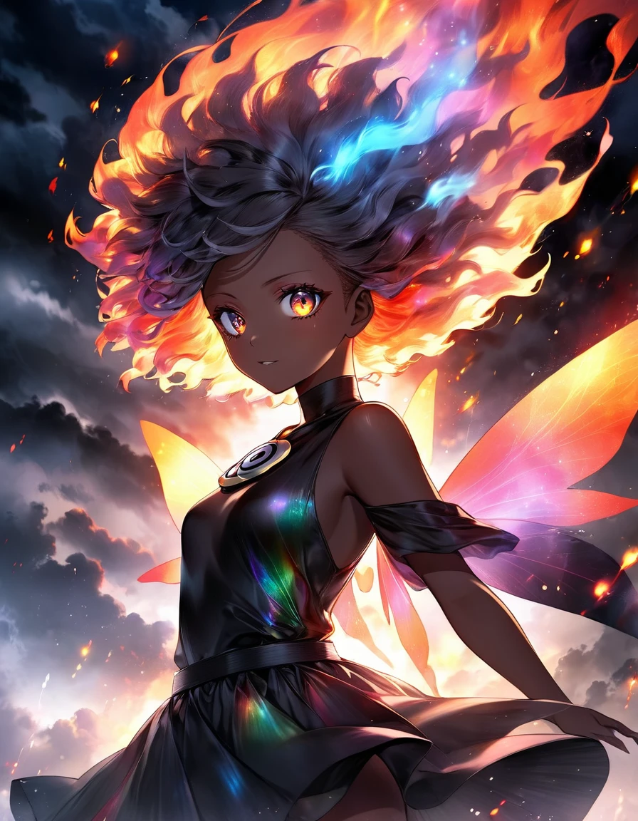 Una preto dark girl Boruto sexy + Glowing afro girl fluttering between bright dark flames and iridescent vagalumes under a terrifying, dark, and fiery sky. [Image of a glowing fairy between black fog and iridescent lights]