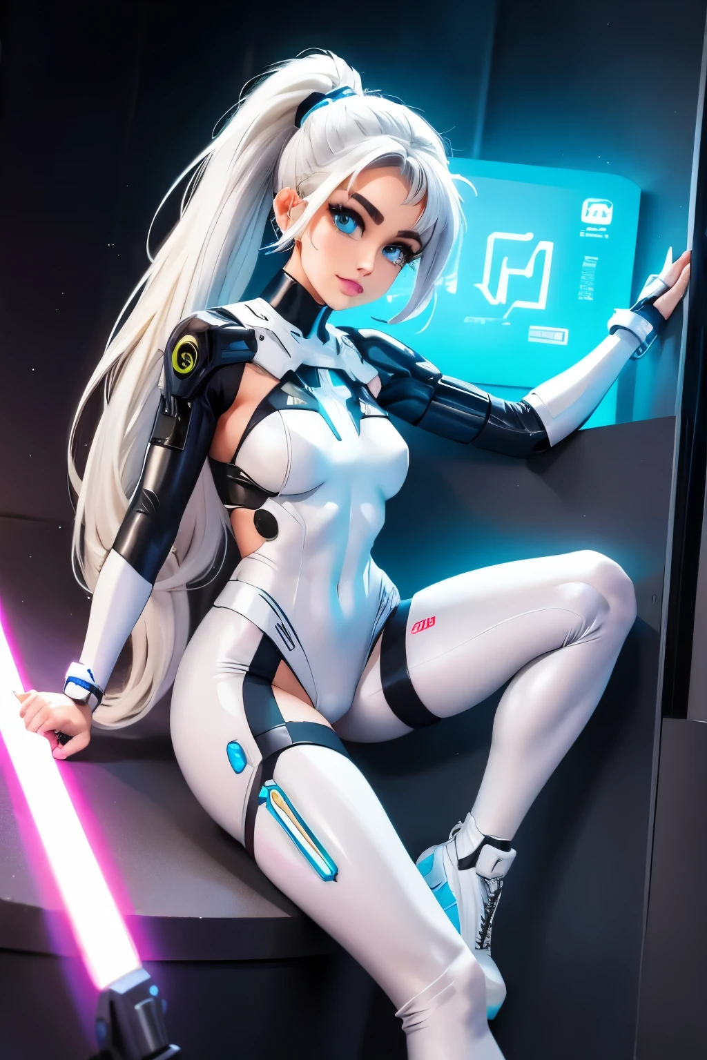 Full body cyber girl with a ponytail. Ariana Grande's face. Bright white color to show she's a cyber girl whit laser rifle. white eyebrows. clothing like catsuit. She also has bright blue eyes. The environment is terminator like. Hair is platina. She is lit with the bright blue color on one side of her face. Led like.  And both hands have the led light too.