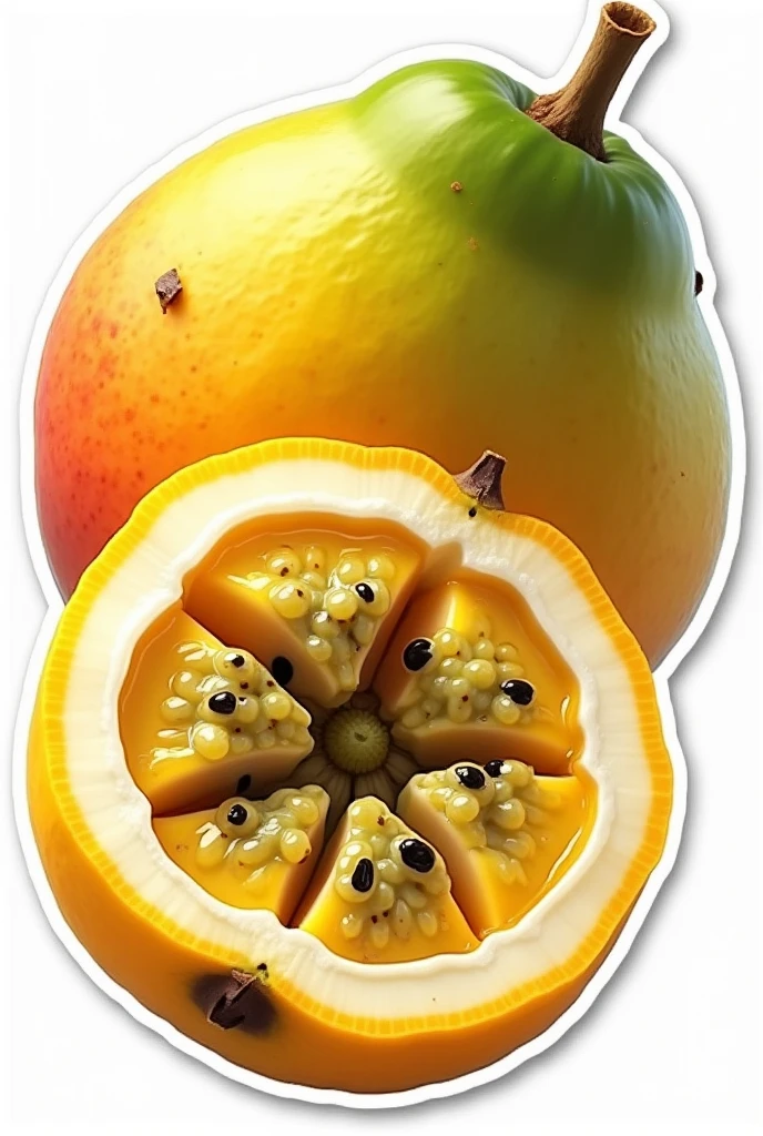 Sticker sheet with yellow passion fruit opened with seeds in a more realistic photo and mango and guava