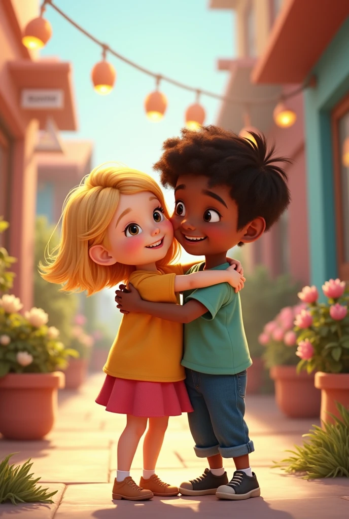 Create Disney Pixar cover of a chubby white girl with short blonde hair, and a tall, skinny, dark-skinned boy hugging each other