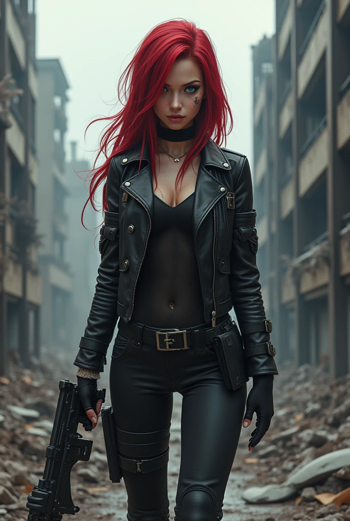 Create an image of a 16-year-old young woman named Akemi Aikyo. She should have striking red hair that is sleek and falls in loose waves, and a stunning appearance with a hint of malice. Her eyes are a deep, penetrating blue, conveying coldness and calculation. She wears apocalyptic survivor clothing: a dark, fitted leather jacket, combat pants, and rugged boots. Her face should reflect beauty with a cold, defiant expression, and a small scar near her left eye adding a touch of brutality. Akemi is in a devastated urban environment, with ruined buildings and an atmosphere of desolation in the background. She holds an improvised weapon and has a commanding posture, conveying a sense of control and power. The image should capture the duality of her beauty and her relentless nature.