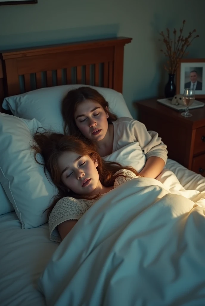 girl with brown hair sick lying in bed and her parents worried
