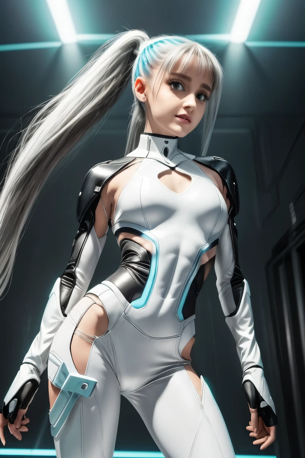 Full body cyber girl with a ponytail. Ariana Grande's face. Bright white color to show she's a cyber girl whit laser rifle. white eyebrows. clothing like catsuit. She also has bright blue eyes. The environment is terminator like. Hair is platina. She is lit with the bright blue color on one side of her face. Led like.  And both hands have the led light too.