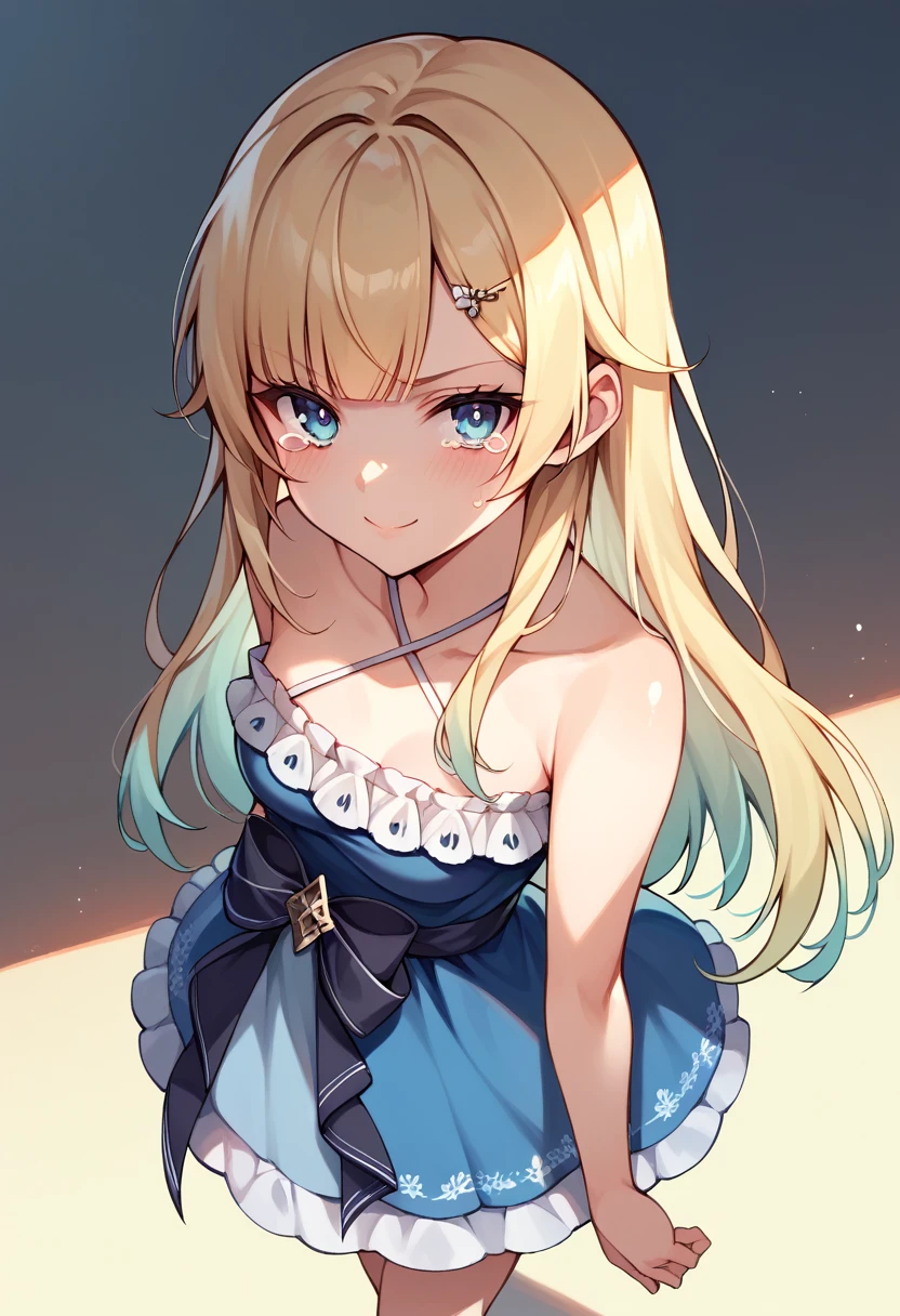 （score_9, score_8_up, score_7_up, score_6_up, source_anime）1girl, aizawa1st, smile, looking at viewer, standing, long hair, blunt bangs, hairclip, hair flower, frills, blue dress, halter dress, frilled dress, sleeveless dress, criss-cross halter, blush, worried, (small breasts) looking at viewer, facing viewer, from above, （annoyed,angry,tears,crying,crying with eyes open,）