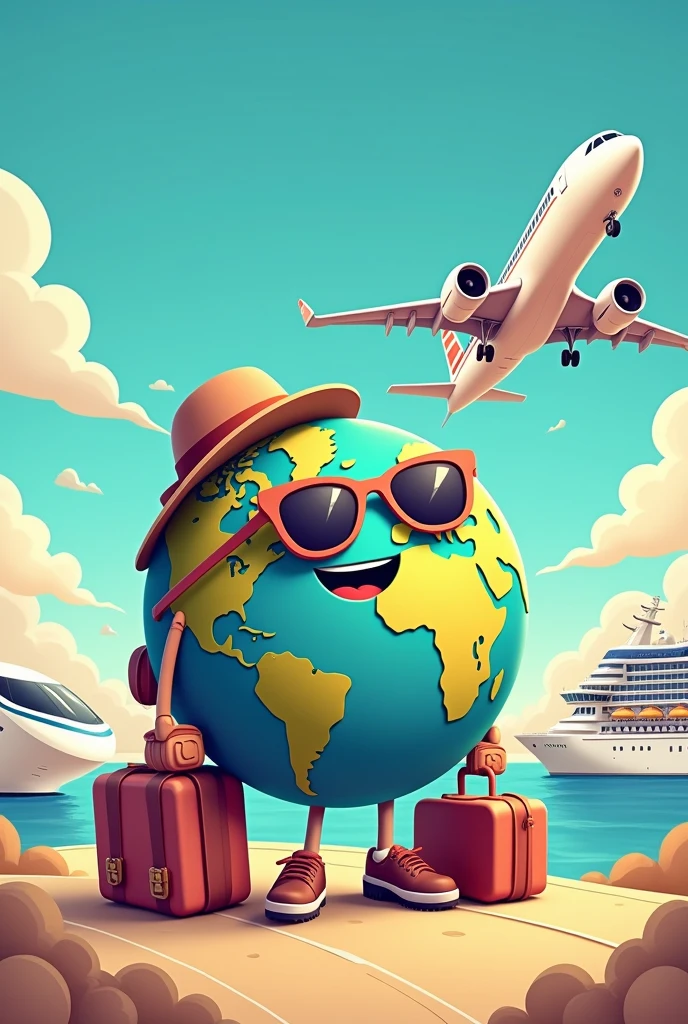 Cartoon of a globe wearing a traveler's outfit, with sunglasses and luggage and near a plane, a modern train and cruise ship