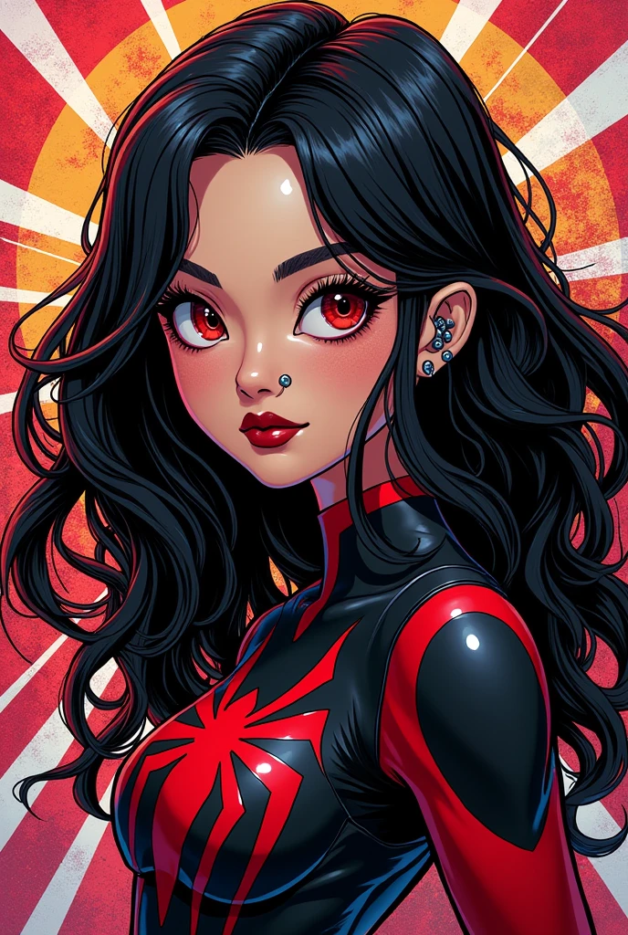 Spiderverse style comic book drawing, with long black hair with red highlights and a piercing