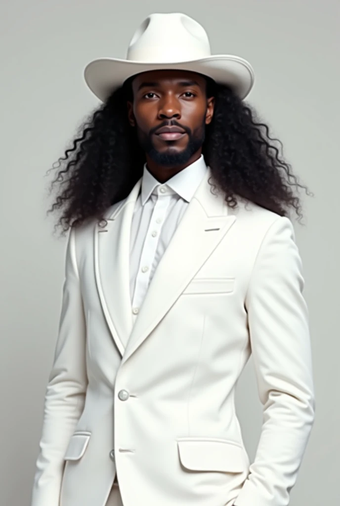 creates an image of a black man with long, curly hair wearing an all-white suit with a white hat and no beard