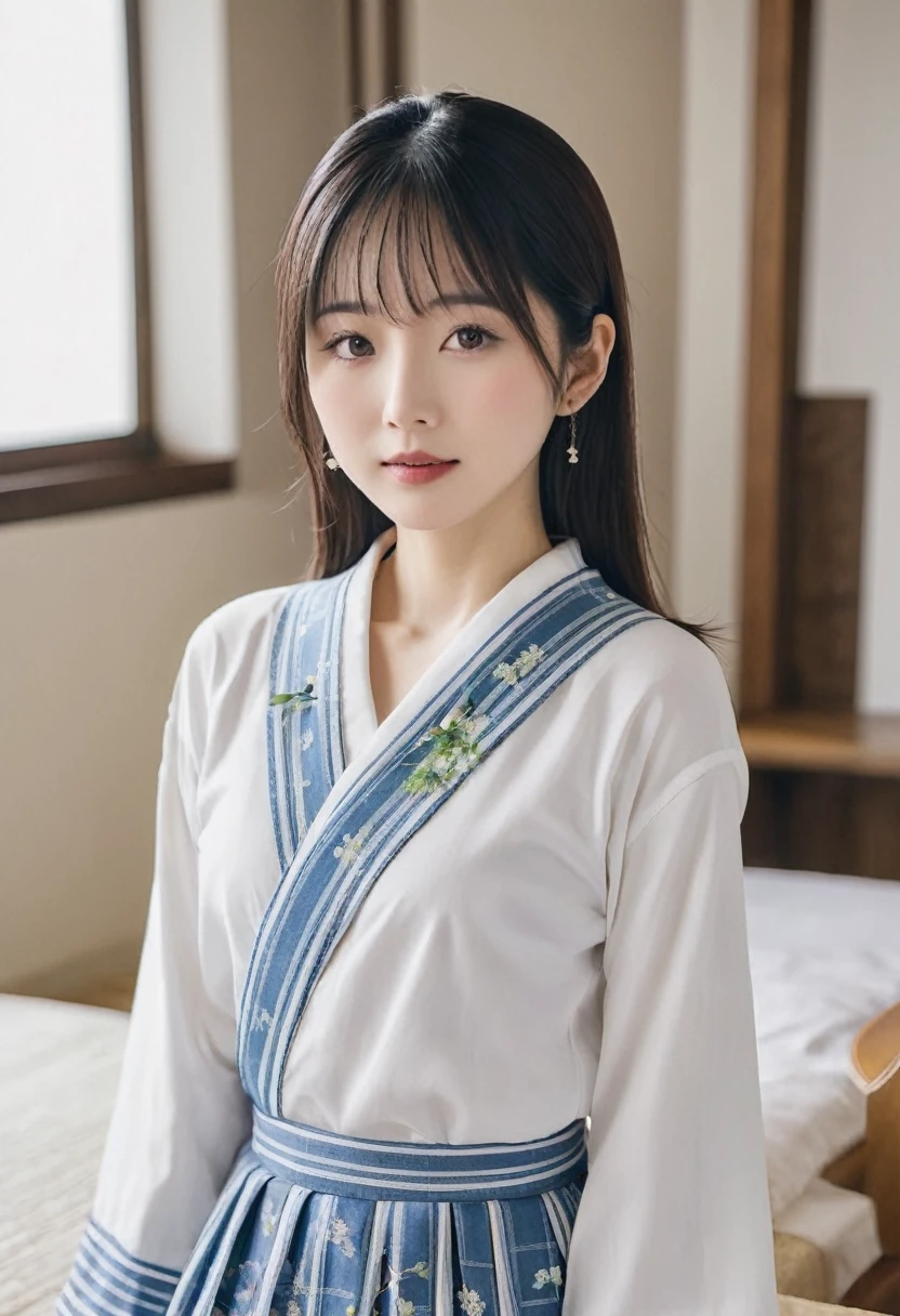 8k,Japanese,She&#39;s 20 but looks very young,Innocent face,Teenage Girl,cute,Random color plain T-shirt,Casual wear,skirt、Sitting,Black Hair,garden,White ribbon in hair,White panties are visible、(((White panties are visible)))(((With legs apart)))