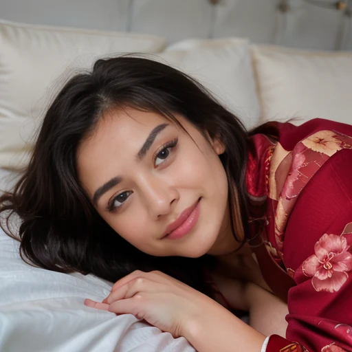 RAW,, Nikon Z 85mm, award-winning glamor photography, ((best quality)), ((masterpiece)), ((realistic)), ((beautiful face)), chinese woman. bedroom, ((unfasten red kimono showing naked tits)), ((small breast)), 20 years old, (bob black hair), black eyes, innocent, intricate details, highly detailed, sharp focus, professional, 4k, , stunning blue eyes, small, delicate, innocent, high resolution, high detail, sharp focus, soft , aesthetic, extremely detailed, photo_\(ultra\), photorealistic, realistic, post-processing, maximum detail, roughness, real life, ultra-realistic, photorealism, photography, 8k uhd, photography, ((lying down on bed, face up,smiling ))