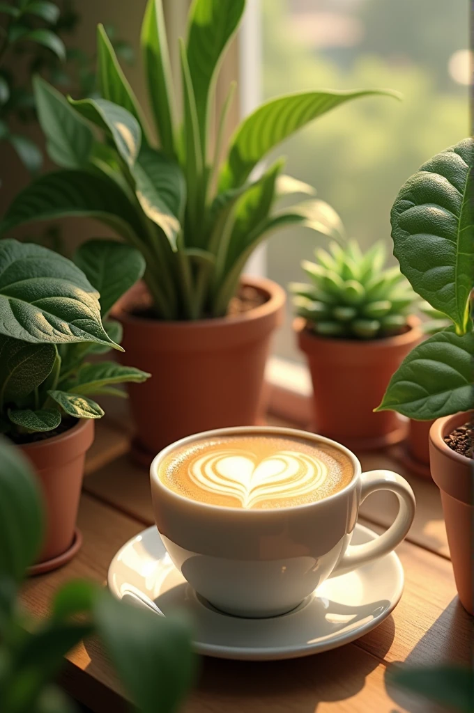“A serene morning scene with a cup of cappuccino on a wooden table surrounded by very realistic-looking potted plants with highly detailed leaves. The sunlight filters through the leaves, casting a warm and inviting glow over the scene. The cappuccino has a heart-shaped latte art, and the overall atmosphere is peaceful and refreshing.”16:9
