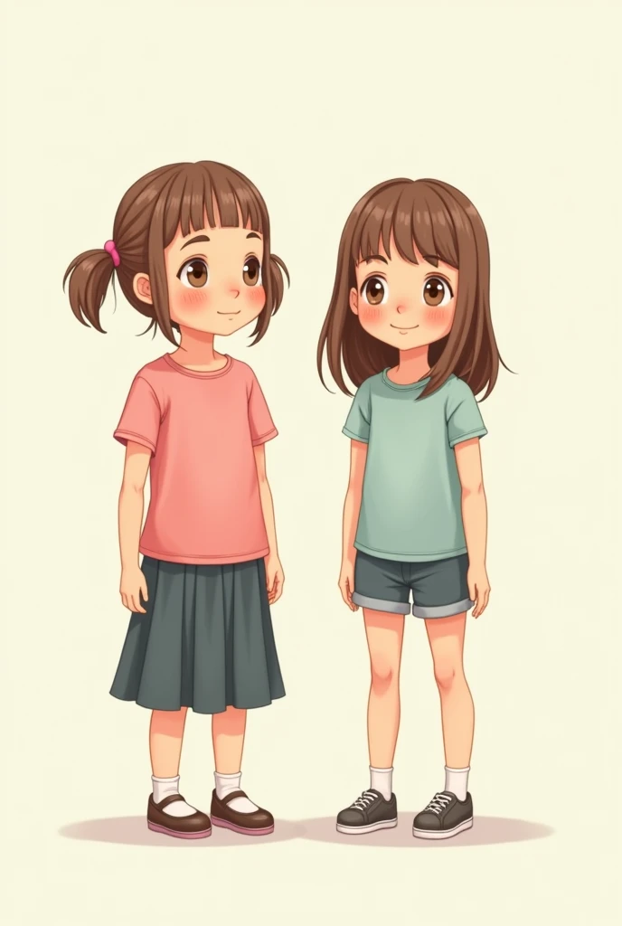 two girls a 7 year old girl named Emma with short light brown hair with straight bangs , and another  named Angelica with medium-long hair and curtain-cut bangs with light brown hair. Angelica is taller than the two in a simple drawing format like a stick figure., animation a little realistic