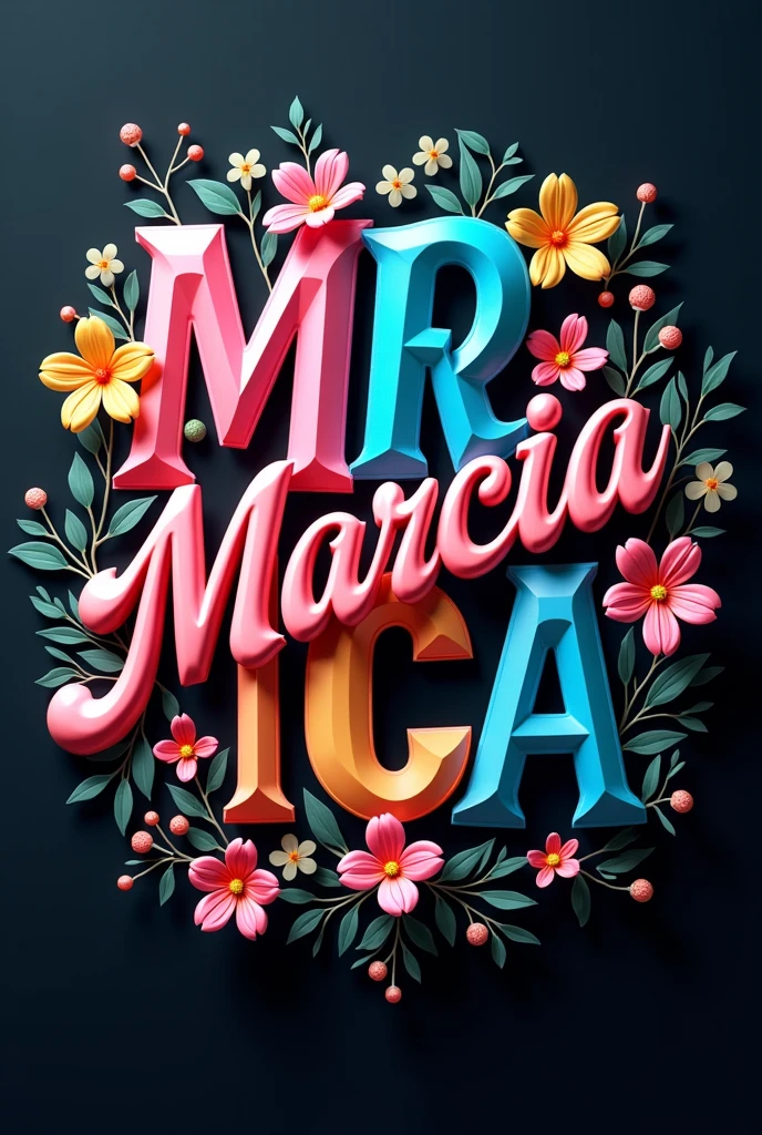 Marcia colorful 3d fonts with flowers and black background