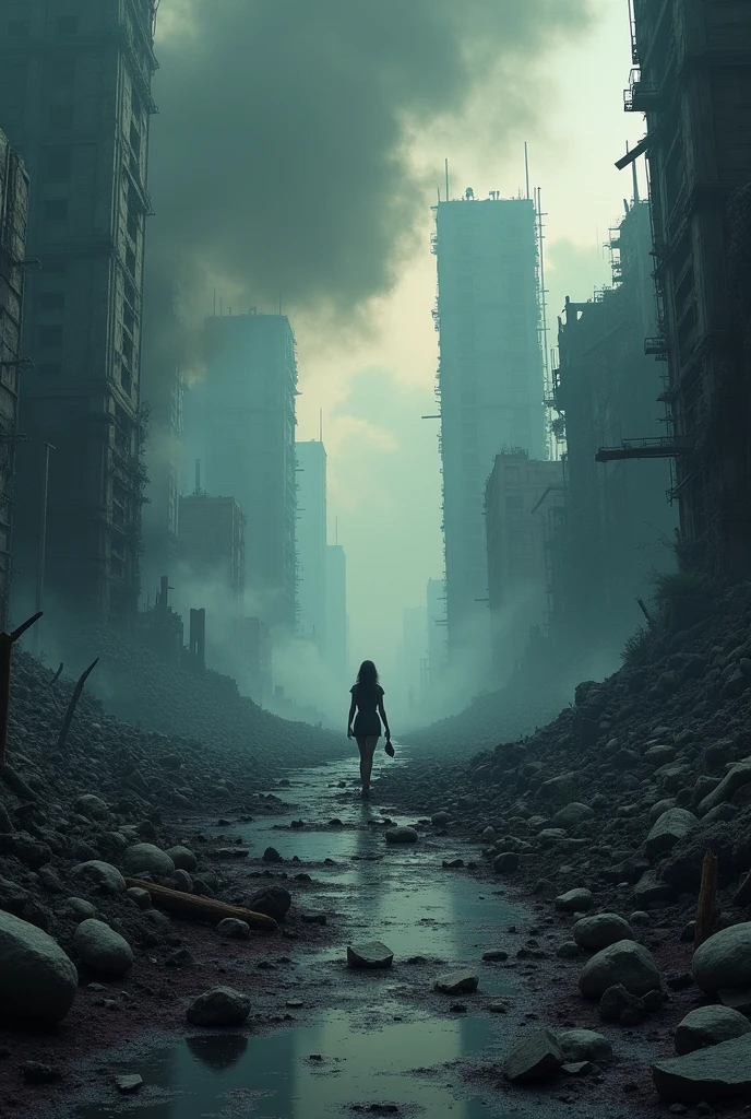 Make a book cover of a post apocalyptic place with ruins of a futuristic city with, Destroyed buildings ,and out smoke , mixed with and blood with a ,black sky. A very small and distant woman walking among the debris 