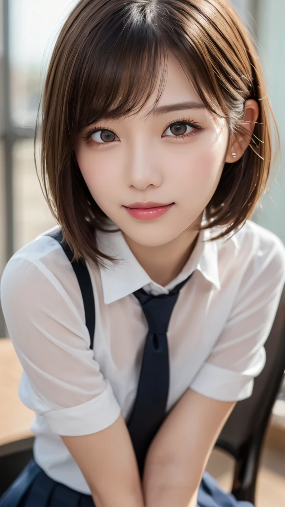 (masterpiece:1.3), (16k, photorealistic, RAW photo, best quality: 1.4),absurdres, attractive, ultra high resolution, ultra realistic, highly detailed, golden ratio, ultra detailed, super fucking beautiful detailed face, natural makeup, detailed cloth texture, detailed hair texture, beautiful detailed fullbody, Perfect female body, accurate, Anatomically correct, Highly detailed face and skin texture, (beautiful hands), (realistic skin), (beautiful pale skin:1.1), (Perfect dynamic composition, looking at viewer, full body shot),(Straddling a chair:1.3), spread legs,
BREAK, realistic eyes, beautiful detailed eyes, symmetric eyes, Light Brown eyes, Double eyelids, Thin eyebrows, (Glossy lips:1.4), (Seductive expression:1.3), (beautiful smile:1.1), (blush:1.2),
BREAK,
((short hair, bob, Dark blonde hair, bangs:1.2)), (High school, high school girl, school uniform:1.3)