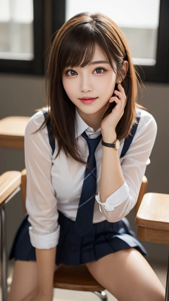 (masterpiece:1.3), (16k, photorealistic, RAW photo, best quality: 1.4),absurdres, attractive, ultra high resolution, ultra realistic, highly detailed, golden ratio, ultra detailed, super fucking beautiful detailed face, natural makeup, detailed cloth texture, detailed hair texture, beautiful detailed fullbody, Perfect female body, accurate, Anatomically correct, Highly detailed face and skin texture, (beautiful hands), (realistic skin), (beautiful pale skin:1.1), (Perfect dynamic composition, looking at viewer, full body shot),(Straddling a chair:1.3), spread legs,
BREAK, realistic eyes, beautiful detailed eyes, symmetric eyes, Light Brown eyes, Double eyelids, Thin eyebrows, (Glossy lips:1.4), (Seductive expression:1.3), (beautiful smile:1.1), (blush:1.2),
BREAK,
((short hair, bob, Dark blonde hair, bangs:1.2)), (High school, high school girl, school uniform:1.3)