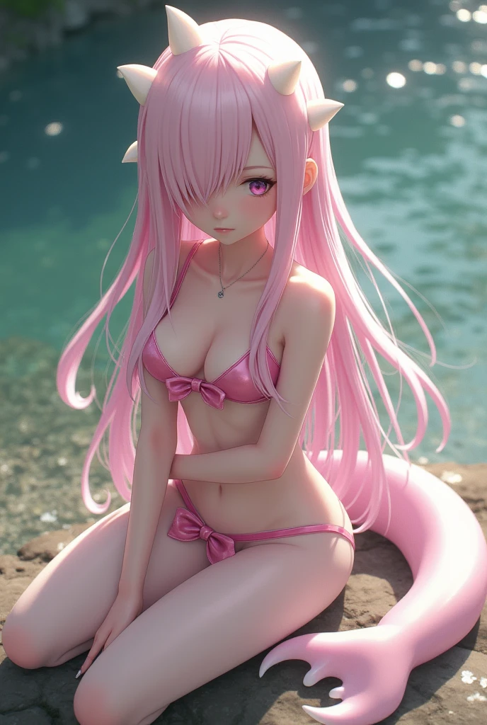 (realistic type image) a Japanese girl with long, almost white pink hair. Tiene tres branquias de Ajolote a cada lado de su cabeza y lleva un bikini blanco que de bikini top sale un vestido transparente. The girl has the tail of an Axolotl, that is to say, like that of a tadpole (long tail with a translucent membrane on top) almost white pink color. The girl's hair covers one of her eyes. The girl is on the bank of a river and the part of the "brazier" The bikini is accompanied by a translucent dress. The most important thing is the pink gills on its head.. Also in the "brazier", I mean, bikini top, has a white bow
