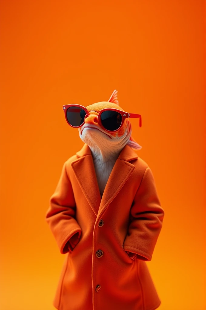 The best mobile wallpaper, Award-winning wallpaper, Portrait Photography, In front view is a portrait of a cute betta Fish wearing 1960s mid-century space-age fashion, Side view shot, Shot with Canon EOS R5, Setting a stark contrast that accentuates the subject, Fluorescent orange shade, Wearing a very fashionable lounge coat and sunglasses are a hip 1960s style, Clothing all in one color, Beautiful background