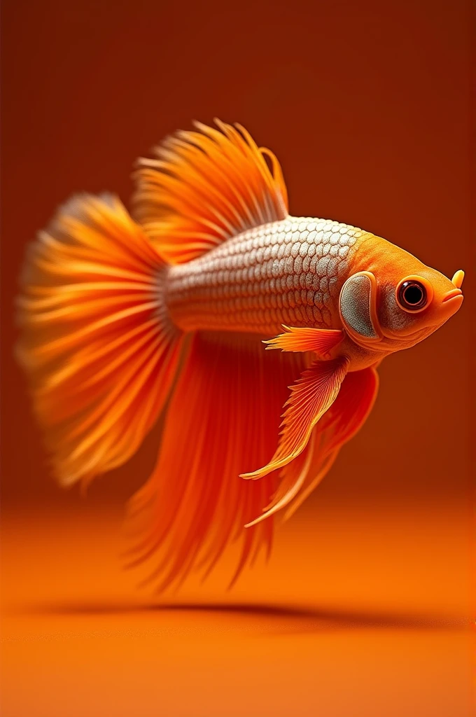The best mobile wallpaper, Award-winning wallpaper, Portrait Photography, In front view is a portrait of a cute betta Fish wearing 1960s mid-century space-age fashion, Side view shot, Shot with Canon EOS R5, Setting a stark contrast that accentuates the subject, Fluorescent orange shade, Wearing a very fashionable lounge coat and sunglasses are a hip 1960s style, Clothing all in one color, Beautiful background