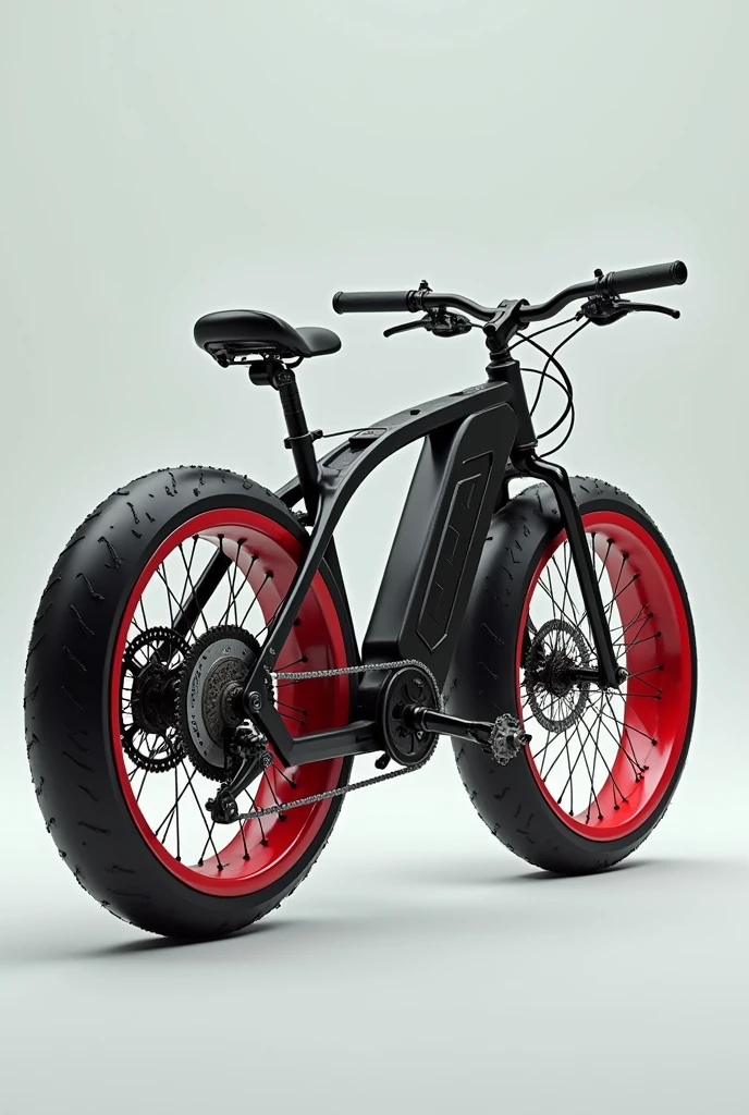 I want you to design a bicycle that has 2 wheels in the back, but those 2 wheels have 2 chains that give them power, 2 pedals that are separate and that the tires are wide in red and that it has a pedal brake for the back and that there are 2 tires in the back, 2 tires, full photo that looks complete but 2 tires in the back at the same time. 
