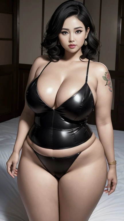 ((best quality)), ((masterpiece)), (detailed), perfect face, beautiful, mother-in-law, Asian-Indonesian , Agreeable, wearing random clothes (official), In the black room, fascinating expression, Chubby body, nice body, milf chubby, Chinese-Indonesian. whole body, big arms, wide hips , Wear sneakers, Bob Hairstyle,  , Chubby cheeks, 35 years old, plump and tall woman, tattooed thighs , yakuza tattoo , big thighs, big armspits , chubby huge cheeks , thick neck, chilling atmosphere, low light, wavy short hair, big bust, showing her armpits , thick woman , thick woman . whole body, Sexy bbw woman having hard sex on bed