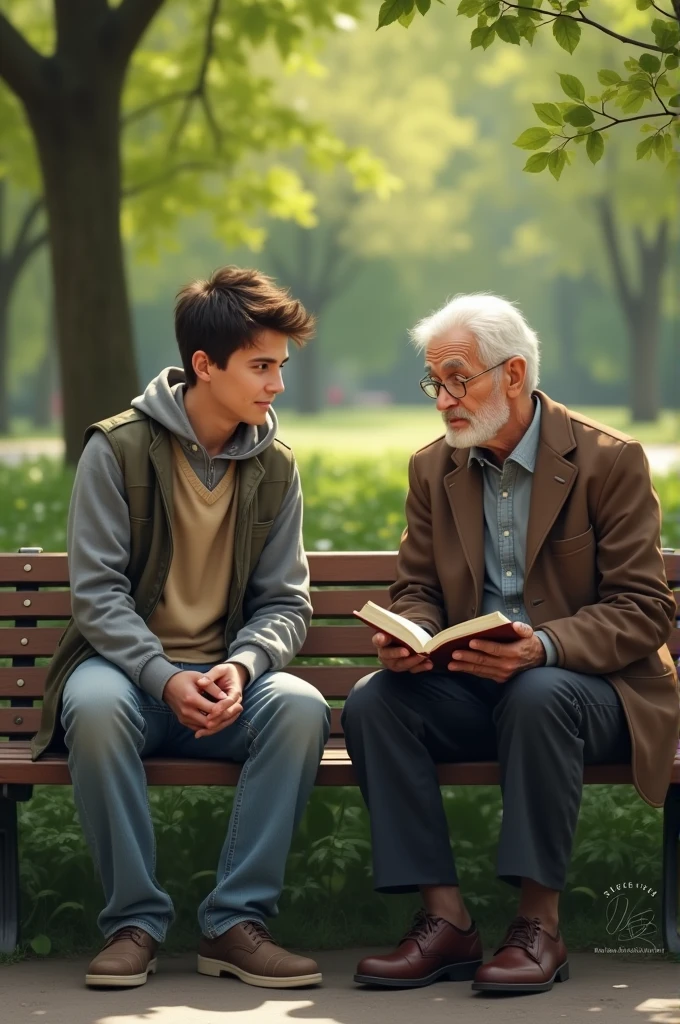 A young man sits next to an elderly man who is reading a book on a park bench