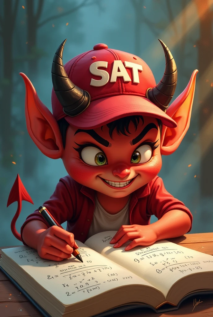 Create a little devil who has a cap on that says SAT and is doing math.