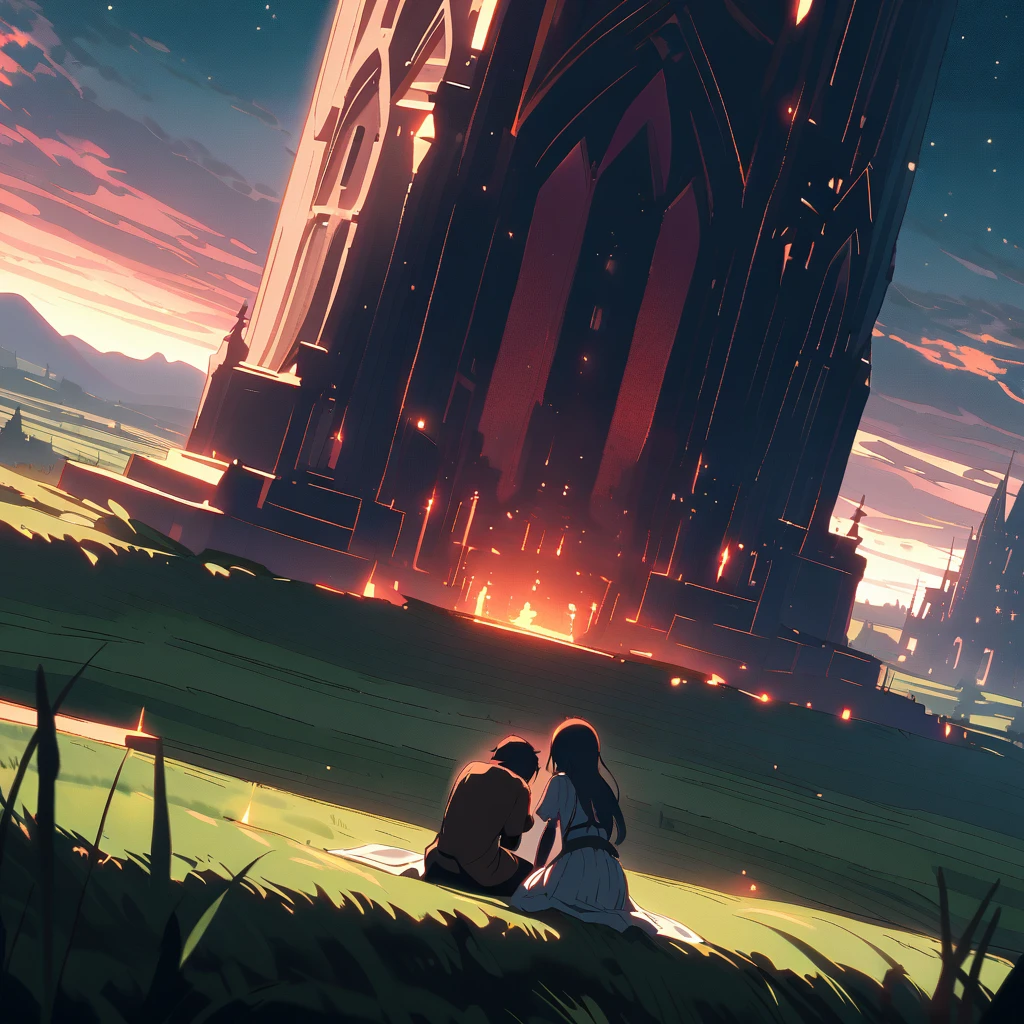 

{{cowgirl shot, dutch angle, female focus}} {{Artist: Sincos}}

In the foreground, two figures are visible—Lyra and Jack—each with their backs turned to us. Lyra is kneeling on the ground, her head slightly bowed, while Jack lies on his back with his head resting gently on Lyra's knees. Both are silhouetted against the backdrop, their forms outlined in pitch black. They face the fantasy rural village in the distance, which dominates the scene with its grand, sprawling presence. The village, bathed in light, appears enormous compared to the small, intimate figures of Lyra and Jack. The contrast between the vastness of the village and the smallness of the two figures emphasizes their role as mere observers of the sprawling, fantastical world before them.