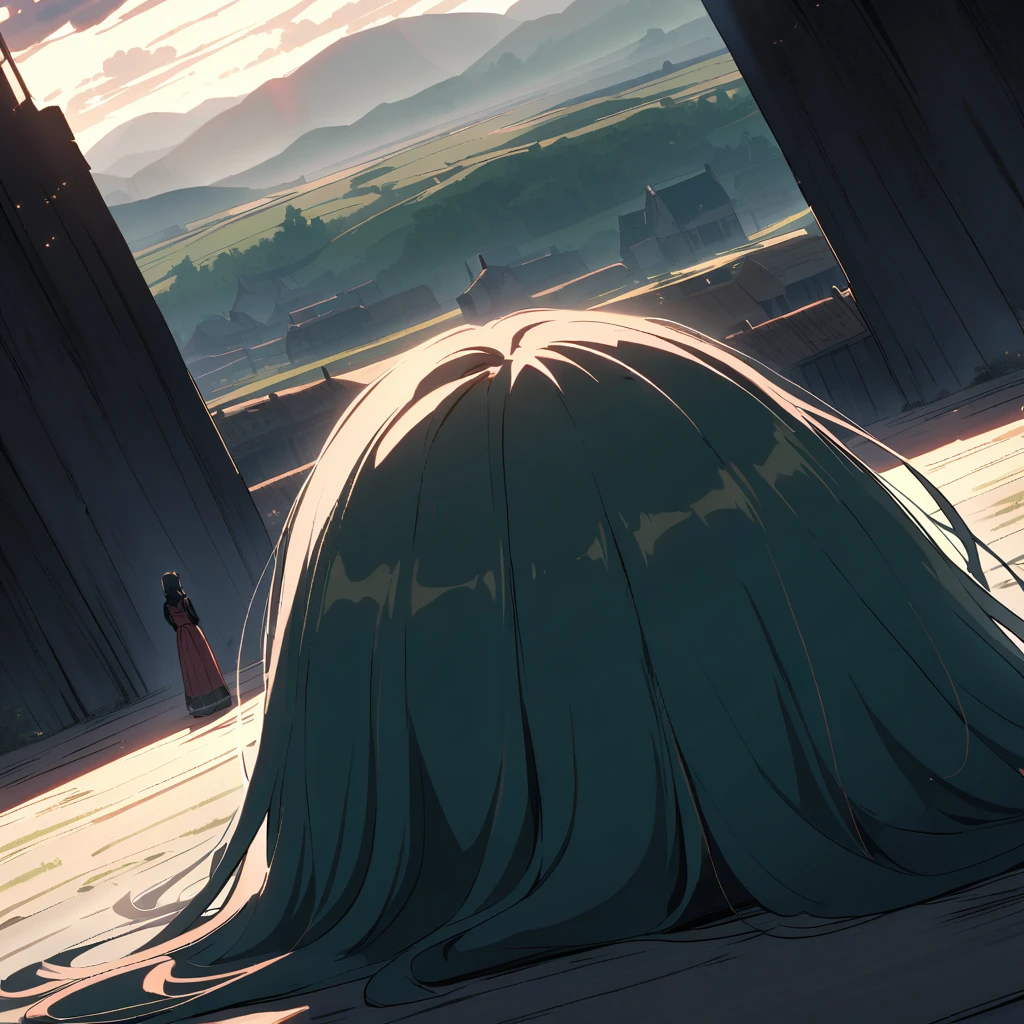 {{cowgirl shot, dutch angle, female focus}} {{Artist: Sincos}}
In the foreground, two figures are visible—Lyra and Jack—each with their backs turned to us. Lyra is kneeling on the ground, her head slightly bowed, while Jack lies on his back with his head resting gently on Lyra's knees. Both are silhouetted against the backdrop, their forms outlined in pitch black. They face the fantasy rural village in the distance, which dominates the scene with its grand, sprawling presence. The village, bathed in light, appears enormous compared to the small, intimate figures of Lyra and Jack. The contrast between the vastness of the village and the smallness of the two figures emphasizes their role as mere observers of the sprawling, fantastical world before them.