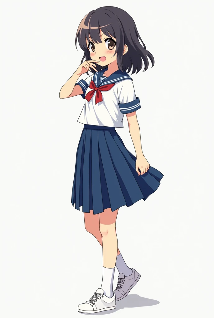girl with scholar uniform white shirt, blue skirt and white sneakers
no anime
