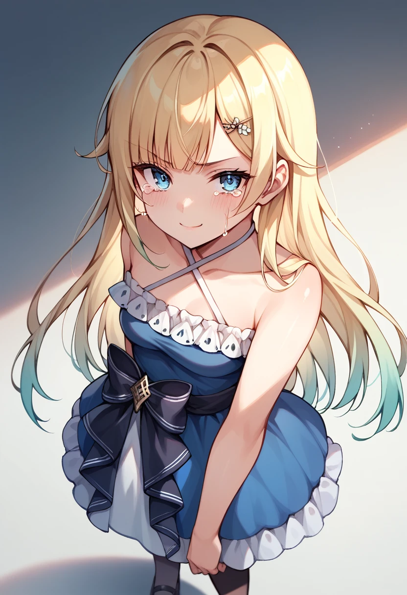 (score_9, score_8_up, score_7_up, score_6_up, source_anime)1girl, aizawa1st, smile, looking at viewer, standing, long hair, blunt bangs, hairclip, hair flower, frills, blue dress, halter dress, frilled dress, sleeveless dress, criss-cross halter, blush, worried, (small breasts) looking at viewer, facing viewer, from above, (annoyed,angry,tears,crying,crying with eyes open,)