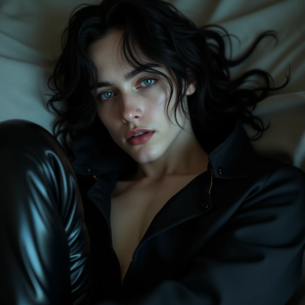 A sexy young male with teal blue eyes and long black hair, with a nice and delicate facial features, he is wearing a black trench coat and shiny black leather jeans. His skin is pale and white. He's laying his head on a boy's lap.