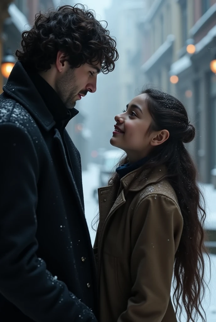 Scherlock Holmes from the BBC Scherlock series warming a  Brazilian girl with long wavy brown hair and white skin smiling gently in the cold,This girl&#39;s name is Geovana and she wants to be a detective like him and has a slight attraction to Scherlock 