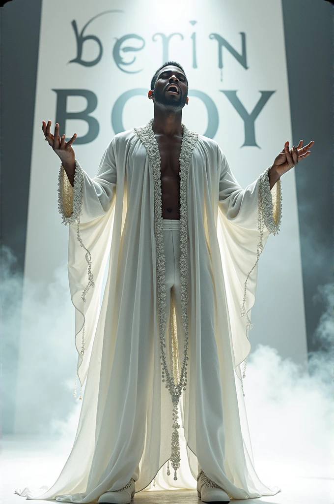 Afro male in a white Gothic outfit singing with the word Benin Boy boldly written on the Background