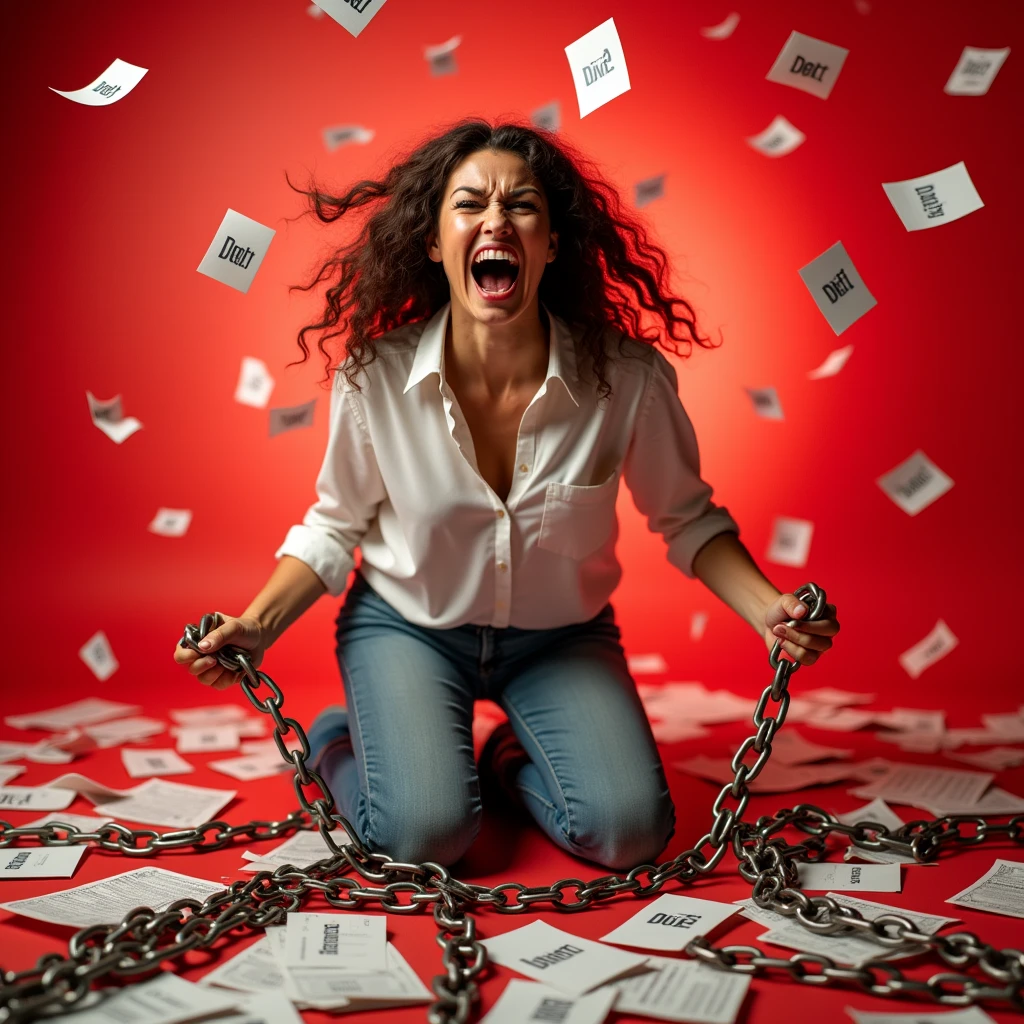 "A very realistic woman breaking chains, ((broken chains sneaking through the air)) to escape with an expression of anger ((anger)) (furiousness) looking at the camera, kneeling in the middle of debt papers strewn on the floor. The background is bright red, with graphics and papers with the word debt and broken chains. The scene is dynamic and powerful, emphasizing the release of financial burdens. The image is in 4K resolution, with sharp details and a vibrant colour palette, ensuring that the person and all elements look completely realistic. (papers floating with the word ((debt)) ((many broken chains)) "